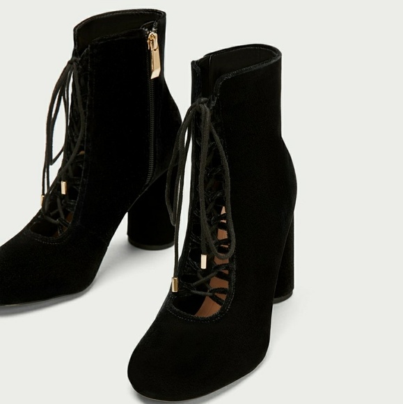 Zara Lace-Up Black Velvet Ankle Boots - Picture 3 of 8